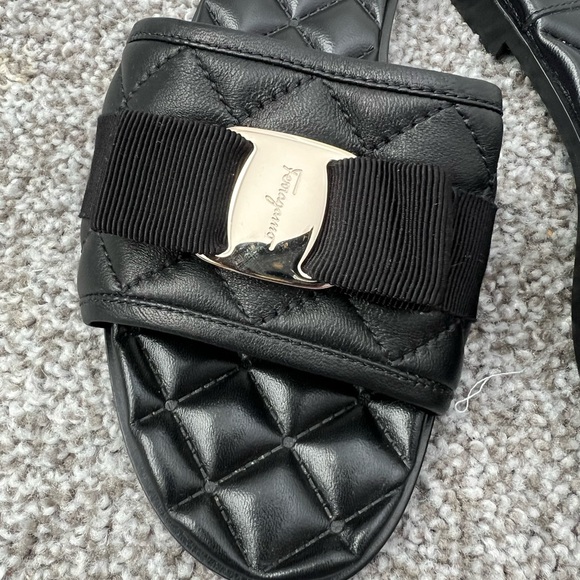 Salvatore Ferragamo Black Quilted Sandals with Gold Accent - Picture 2 of 7